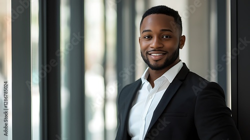 Obraz na płótnie Portrait Successful African American Male Business Manager And Financial Advisor Waist up portrait an attractive young Black businessman working with digital tools and online documents. He is smiling w salonie