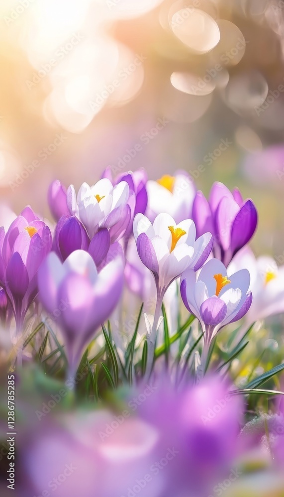 Enchanting blurred view of colorful spring crocus flowers glowing in soft light, heralding spring Enchanting blurred view of colorful spring crocus flowers glowing in soft light, heralding spring