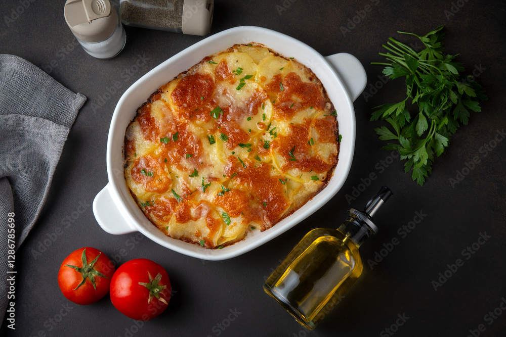 Potato gratin - graten (baked potatoes with cream and cheese) with rosemary and forks (Turkish name; Kremali patates)