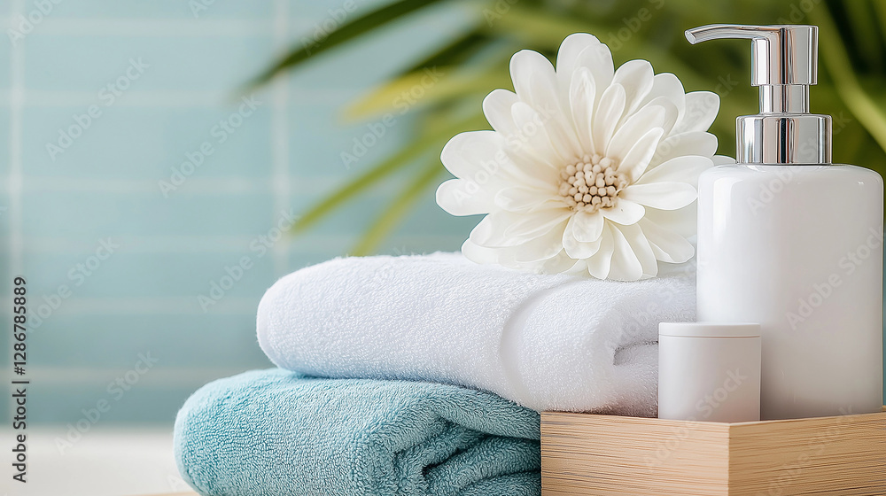 Soap dispenser, towels and flower creating relaxing spa bathroom ambiance