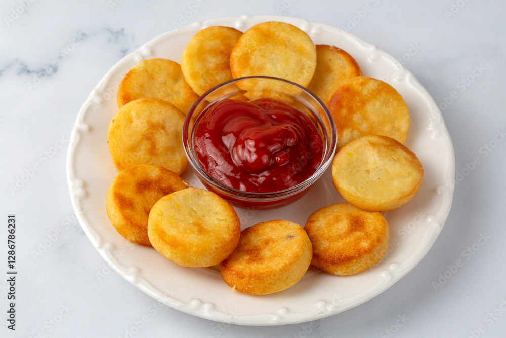 Hash Browns triangle patties in the bowl. Turkish name; Patates koftesi