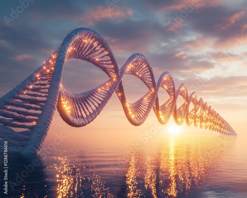 Poetic view of DNA spiral forming glowing bridge over calm water sunset intricate molecular detail hyper realistic texture cinematic natural lighting golden tone ultra detailed rendering 8k resolution