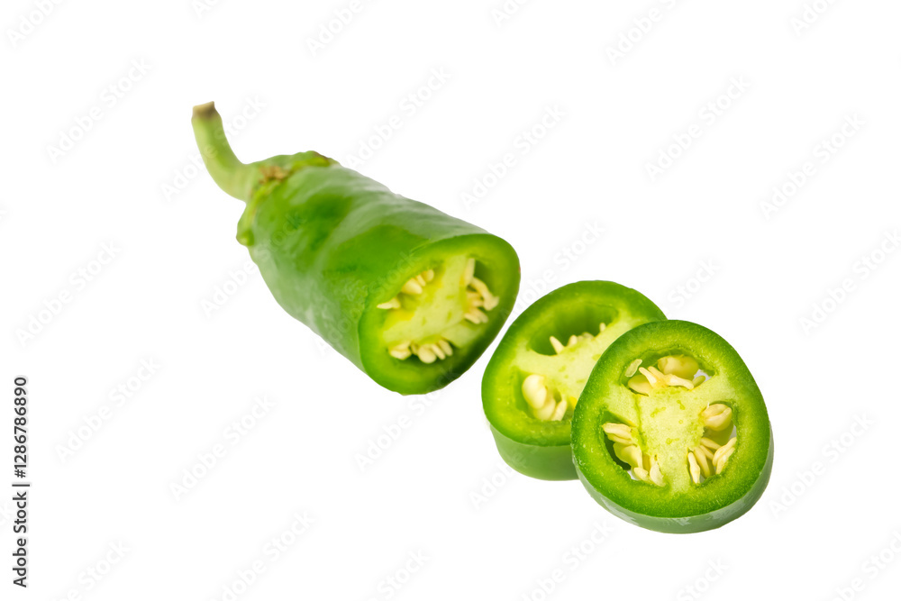 Jalapeno pepper. Green jalapeño pepper on isolated white background. Spicy jalapeno pepper with stem.