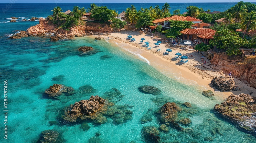 Aerial view depicts a pristine beach and turquoise ocean water Aerial view depicts a pristine beach and turquoise ocean water