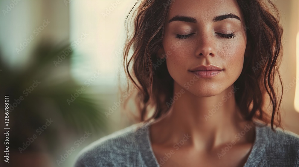 Obraz premium Serene portrait of a meditating woman with eyes closed, exuding peace and mindfulness. Ideal for wellness, relaxation, and meditation-themed content.