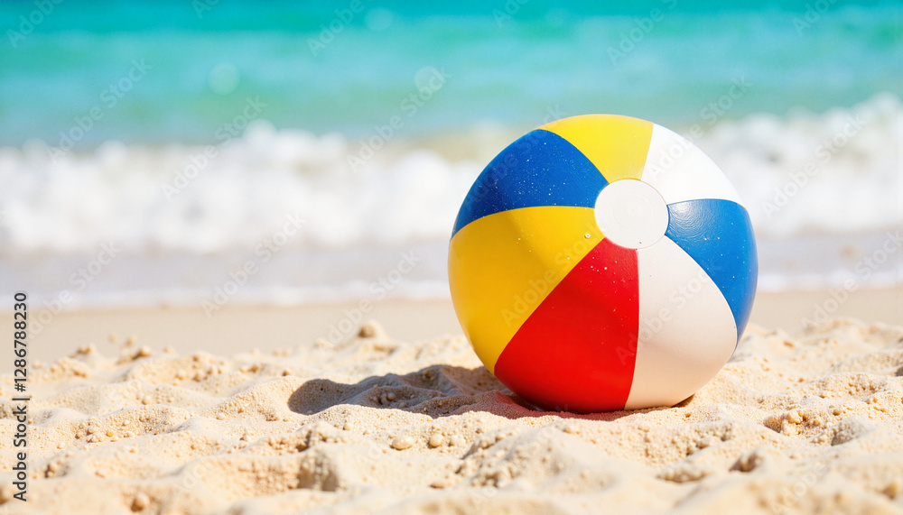 Obraz premium Beach ball resting on sandy shore with clear blue waves, sunny playfulness