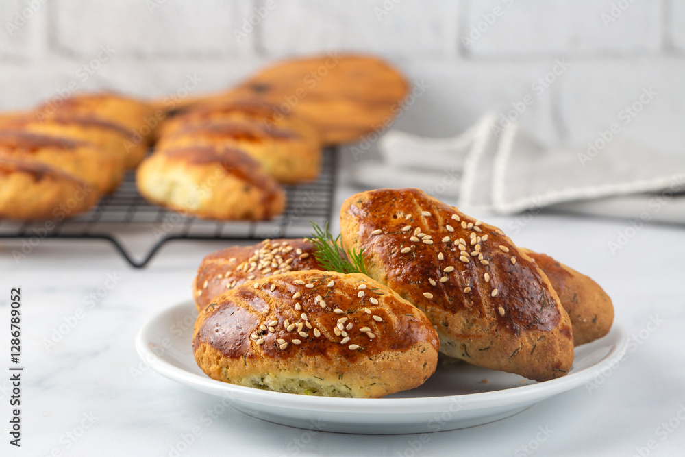 Delicious Turkish food; dill cheese pastry, Turkish name; dere otlu peynirli pogaca
