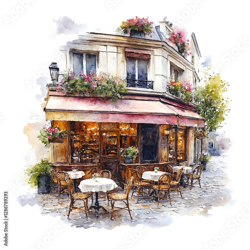 A watercolor painting depicts a charming Parisian cafe, overflowing with flowers and lush greenery, its warm glow and inviting atmosphere captured on a white background.