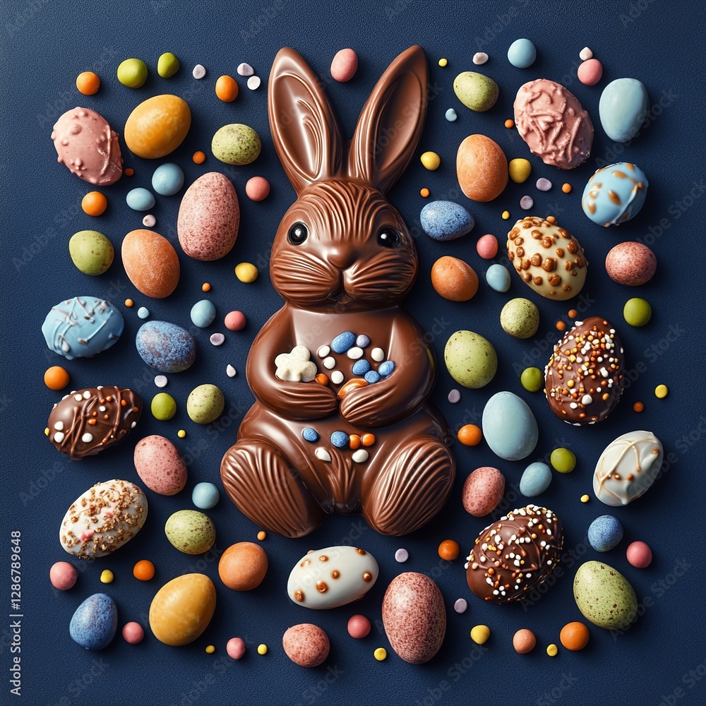 Adorable Easter Bunny with Delicious Chocolate Eggs Nestled in a Springtime Topaz Setting. Perfect for Easter cards, banners, websites, and social Adorable Easter Bunny with Delicious Chocolate Eggs Nestled in a Springtime Topaz Setting. Perfect for Easter cards, banners, websites, and social