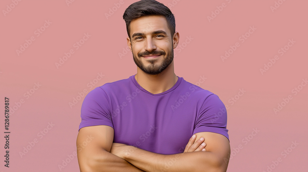 Handsome confident man smiling with folded arms on pink background Handsome confident man smiling with folded arms on pink background
