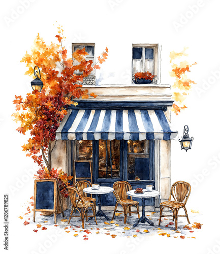 A charming watercolor illustration of a Parisian cafe with a blue and white striped awning, outdoor seating, and a vibrant orange tree, capturing the essence of a cozy autumn day in Paris.