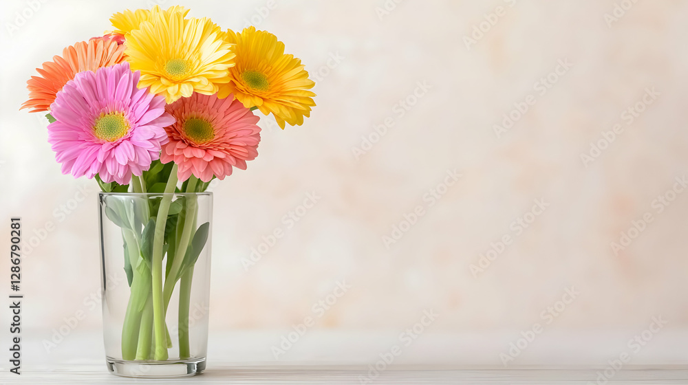 Fototapeta premium Colorful gerbera daisies in glass vase, light background, spring, greeting card