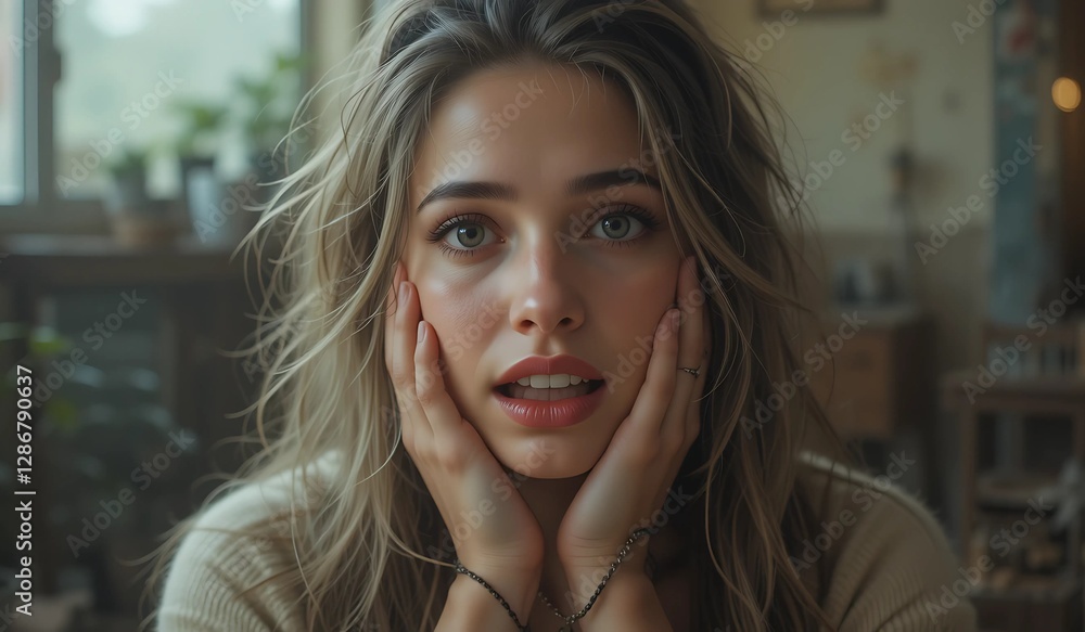 Obraz premium Captivating Young Woman – Expressive Portrait with Natural Light