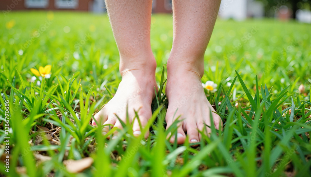 Barefoot child standing on green grass in suburban spring, nature connection Barefoot child standing on green grass in suburban spring, nature connection