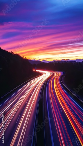 Artistic highway at sunset  captivating road lights and ethereal sunrise glow in motion