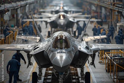 Workers diligently assemble advanced fighter jets inside a large manufacturing facility. The atmosphere is focused on precision and teamwork, showcasing cutting-edge technology and engineering