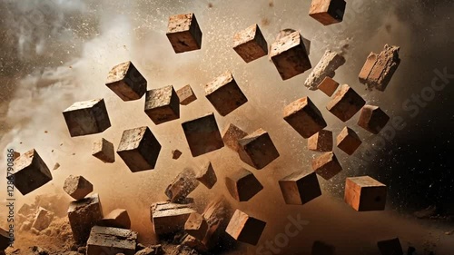 Dynamic Brick Fragments Falling in Mid-Air Explosion Motion Destruction