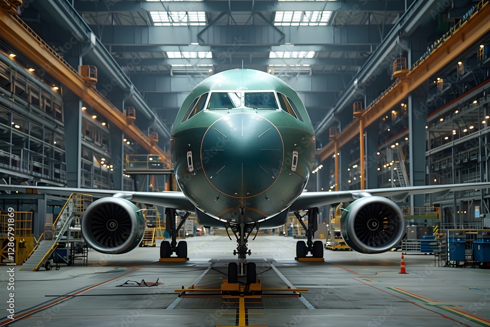 A green airplane is being assembled in a spacious manufacturing facility. Bright lights illuminate the area as workers focus on various tasks around the aircraft A green airplane is being assembled in a spacious manufacturing facility. Bright lights illuminate the area as workers focus on various tasks around the aircraft