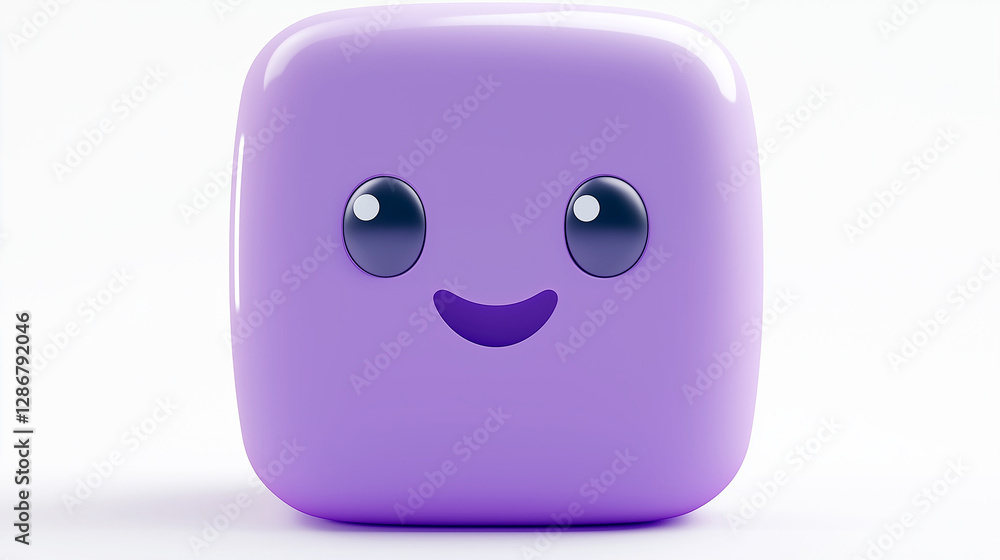 Fototapeta premium Cute purple square character smiling on white background