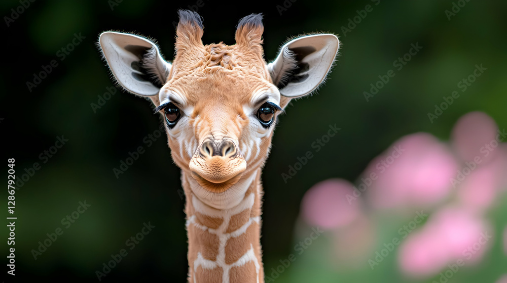Obraz premium Baby giraffe portrait, zoo enclosure, blurred pink flowers, wildlife photography