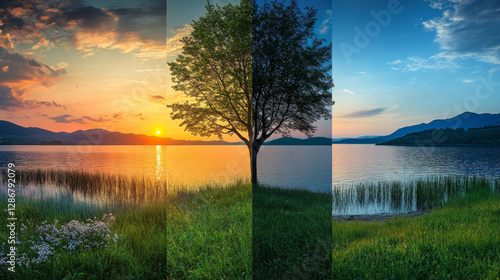 Sea or lake coast with green grass and tree at different time of day. Summer landscape of river and mountains on horizon in early morning, night, sunset and noon, vector cartoon illustrations set