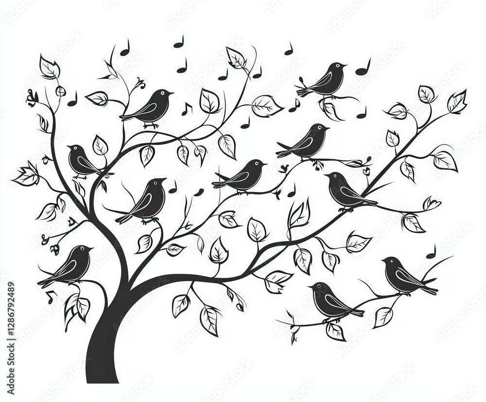Fototapeta premium A tree filled with singing birds celebrating spring, coloring page for kids, simple outline illustration. Coloring book.