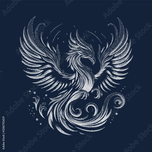 halftone style monochrome phoenix bird