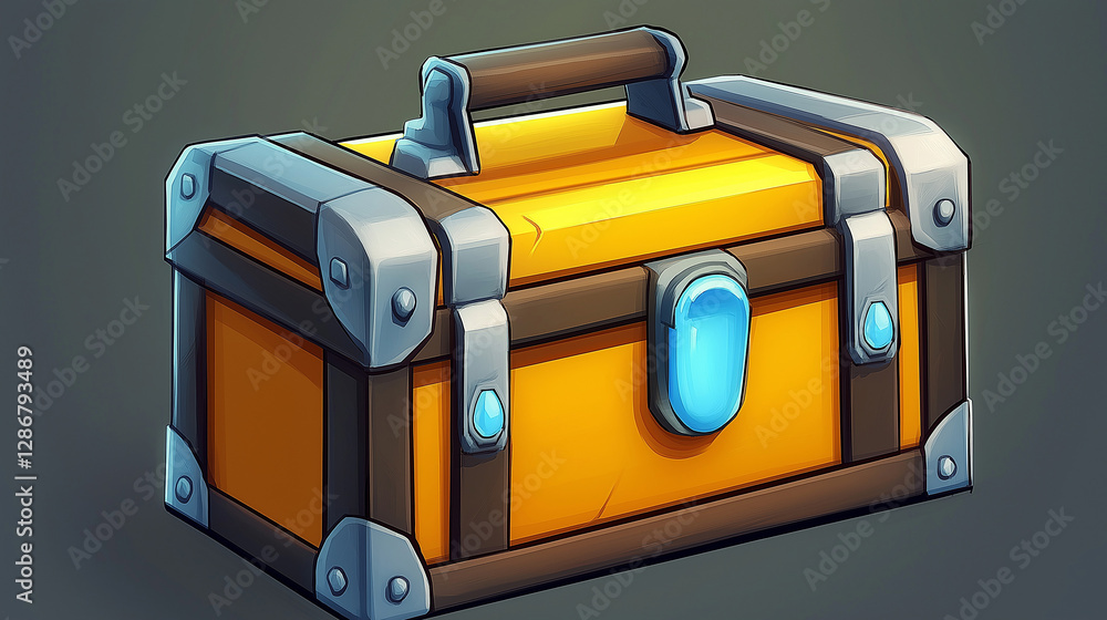 Closed wooden treasure chest with metal details and blue gems is waiting to be opened Closed wooden treasure chest with metal details and blue gems is waiting to be opened