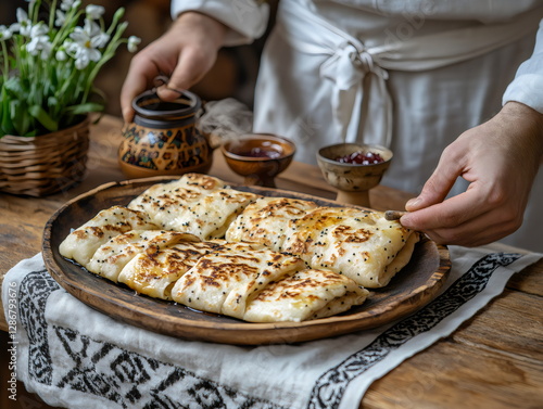 A cook finishing serving of apetizing crepes sprinkled with poppy seeds surrounded by small bowls with jams photo