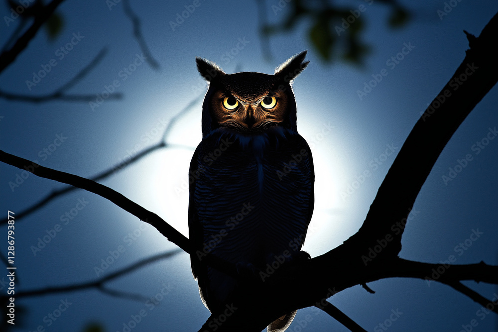 Great horned owl perched on branch at night with moon in background Great horned owl perched on branch at night with moon in background