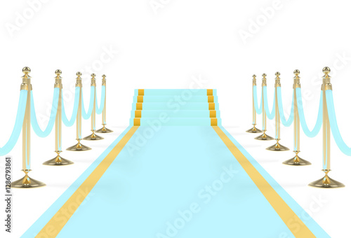 Baby blue with stairs, podium, ropes and golden stanchions. Vector illustration.