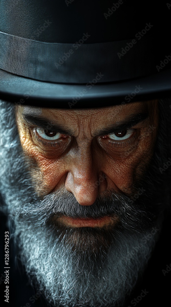 A close-up portrait captures the striking and intense gaze of a bearded man wearing a hat, embodying wisdom and depth in a dramatic play of shadows and light. A close-up portrait captures the striking and intense gaze of a bearded man wearing a hat, embodying wisdom and depth in a dramatic play of shadows and light.