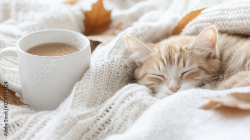 Ginger cat napping softly on white knitted blanket near warm coffee mug, capturing peaceful autumn morning moment background photo