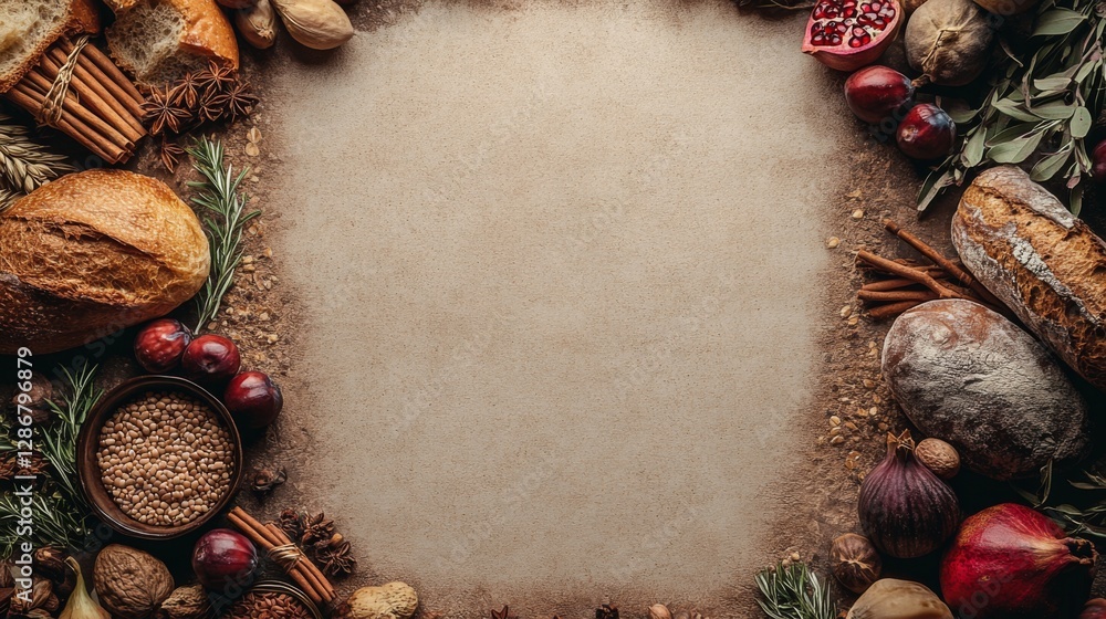 Fototapeta premium The image features an array of artisanal bread and earthy spices, beautifully arranged to highlight their textures and natural colors, giving a warm and inviting feel.