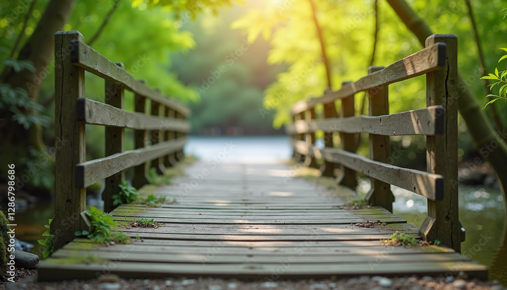 Fototapeta premium Bridge over river, serene mood, wooden pathway in lush green forest