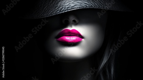 Wallpaper Mural Female model with bold pink lips, half-shadowed face, embodying mystery and allure.
 Torontodigital.ca