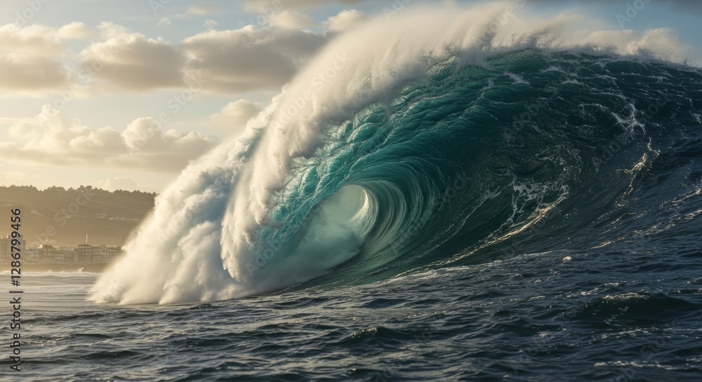 Naklejka premium Photorealistic tsunami wave with dynamic lighting and rich textures near the coast