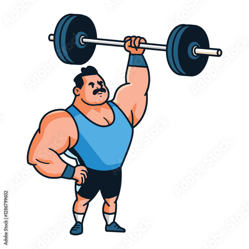 Circus strong man with a mustache lifting a dumbbell. vector illustration, perfect for carnival, and strength designs.
