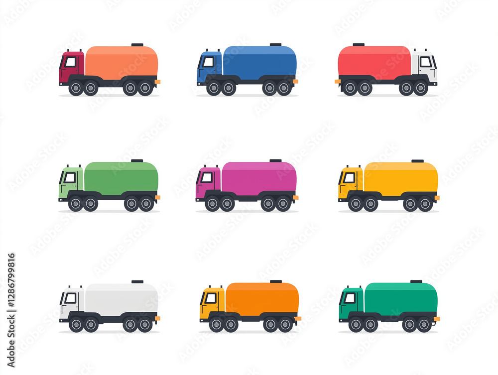 Icônes de camions citernes en flat design sur fond blanc Icônes de camions citernes en flat design sur fond blanc