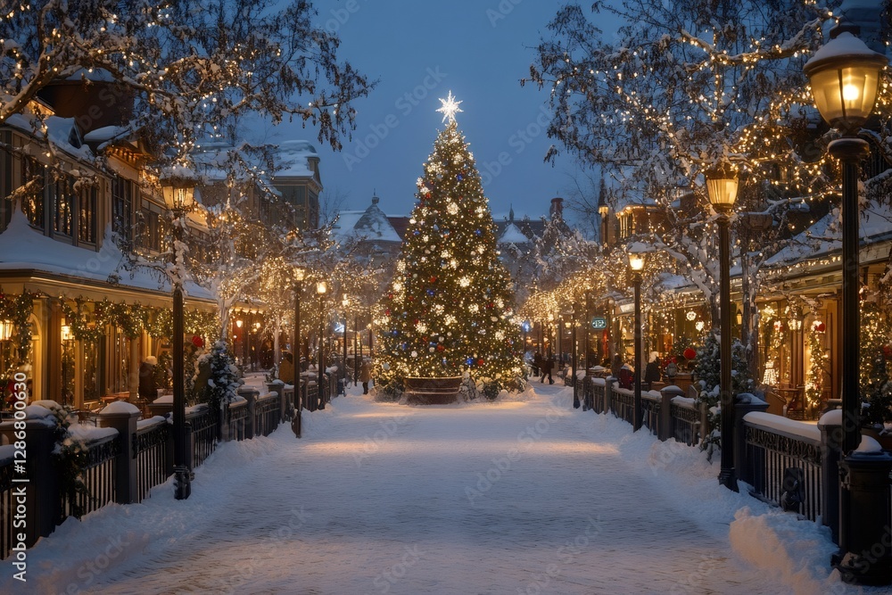 Obraz premium Christmas tree illuminating snowy street at twilight in quebec city