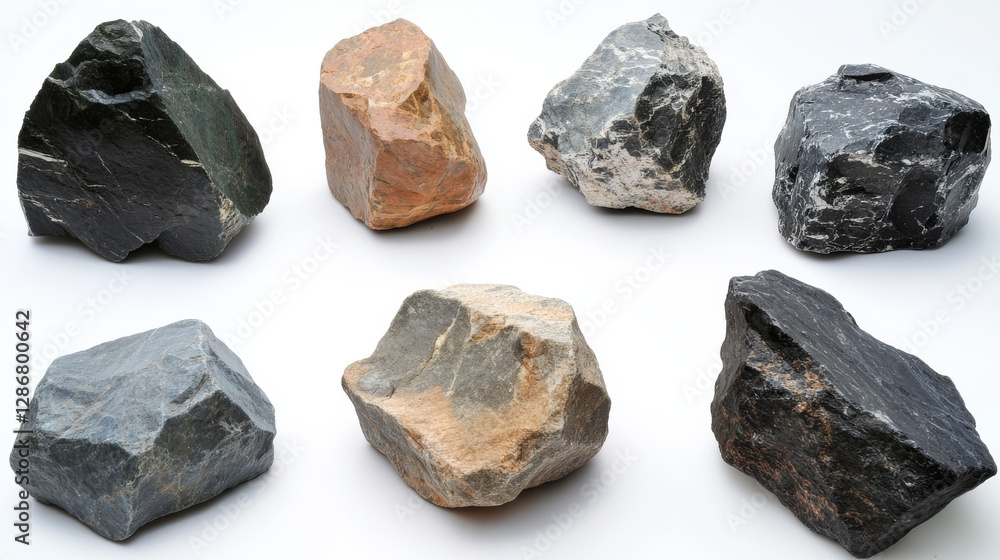 Naklejka premium Mountain rocks, stones or boulders natural elements for design, geological materials with realistic texture. Rocky pieces of different shape isolated on white background 3d vector illustration, set