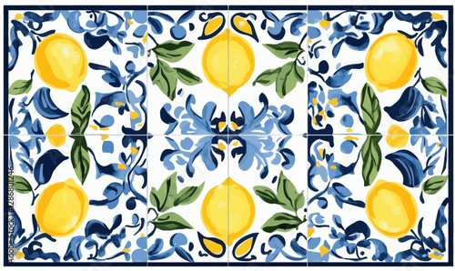 Mediterranean Mosaic with Blue Ornaments, Basil Leaves, and Lemons Vector Design