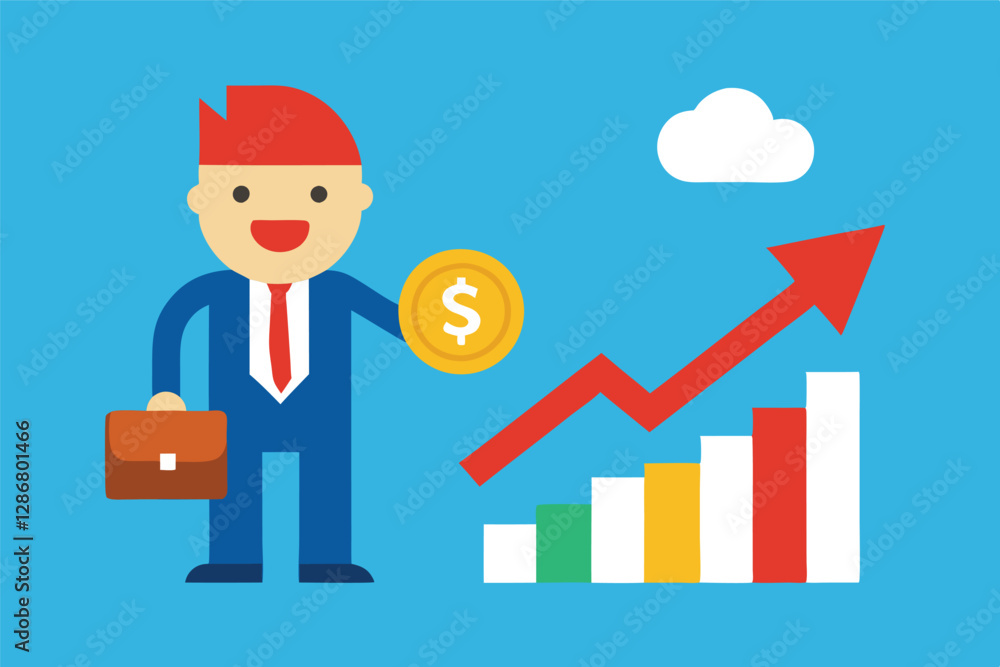 Business cartoon character, pixelated style, red hair, blue suit, briefcase, dollar sign, bar graph, upward arrow, growth chart, bright colors, flat design, minimalist illustration, financial success, Business cartoon character, pixelated style, red hair, blue suit, briefcase, dollar sign, bar graph, upward arrow, growth chart, bright colors, flat design, minimalist illustration, financial success,