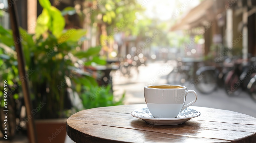 Charming cafe vibe with white coffee cup on rustic table overlooking bicycles and greenery Charming cafe vibe with white coffee cup on rustic table overlooking bicycles and greenery