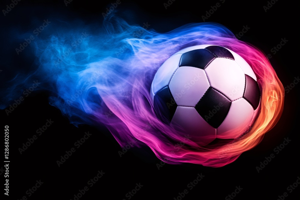 Fototapeta premium Soccer ball floating in colorful abstract smoke trail on black background