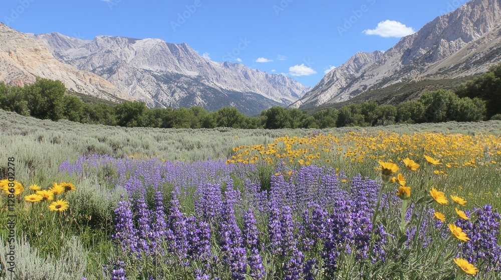 Fototapeta premium Colorful Wildflower Meadow with Mountain Views Under a Sunny Sky