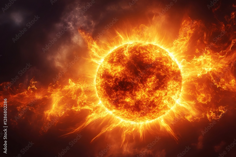 Fototapeta premium Burning sun emitting solar flares in space