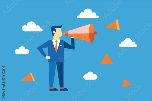 Business executive, megaphone, announcement, blue sky, white clouds, orange triangles, flat design, vector illustration, 2D cartoon style, corporate communication, leadership concept, vibrant colors, 