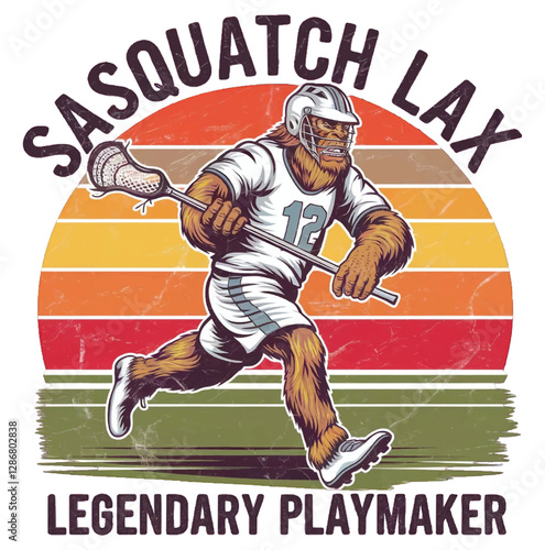 Bigfoot Playing Lacrosse Funny Vintage Mythical Sasquatch Sports Illustration