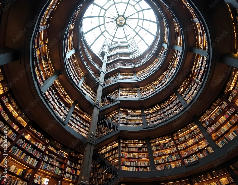 Obraz premium A tower library with a glass ceiling and spiral bookshelves.